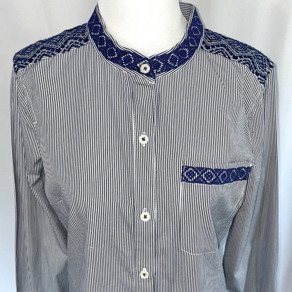 New C Wonder Embroidered Striped Collarless Button Down Shirt Indigo Size XS - Picture 3 of 16
